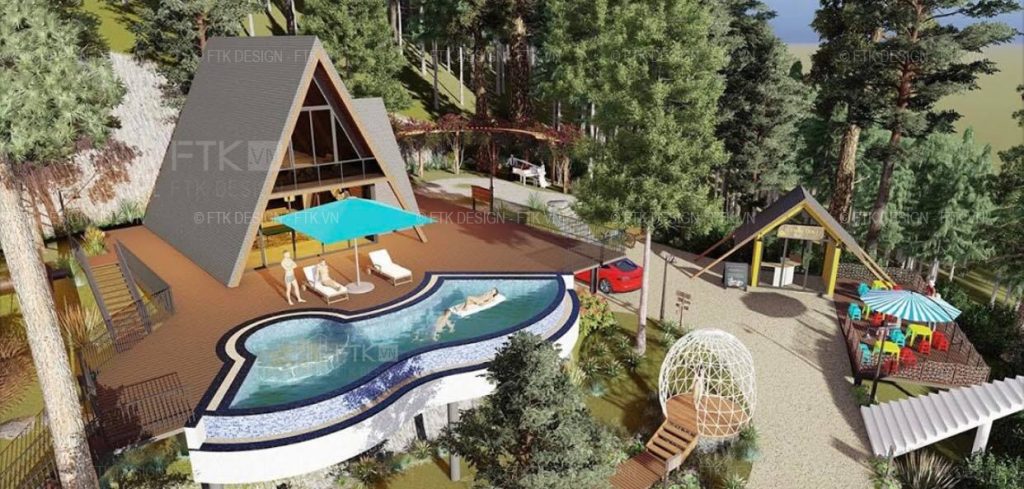 Phối cảnh Bungalow nghỉ dưỡng trong khuôn viên phim trường được dựng mô hình 3D chi tiết